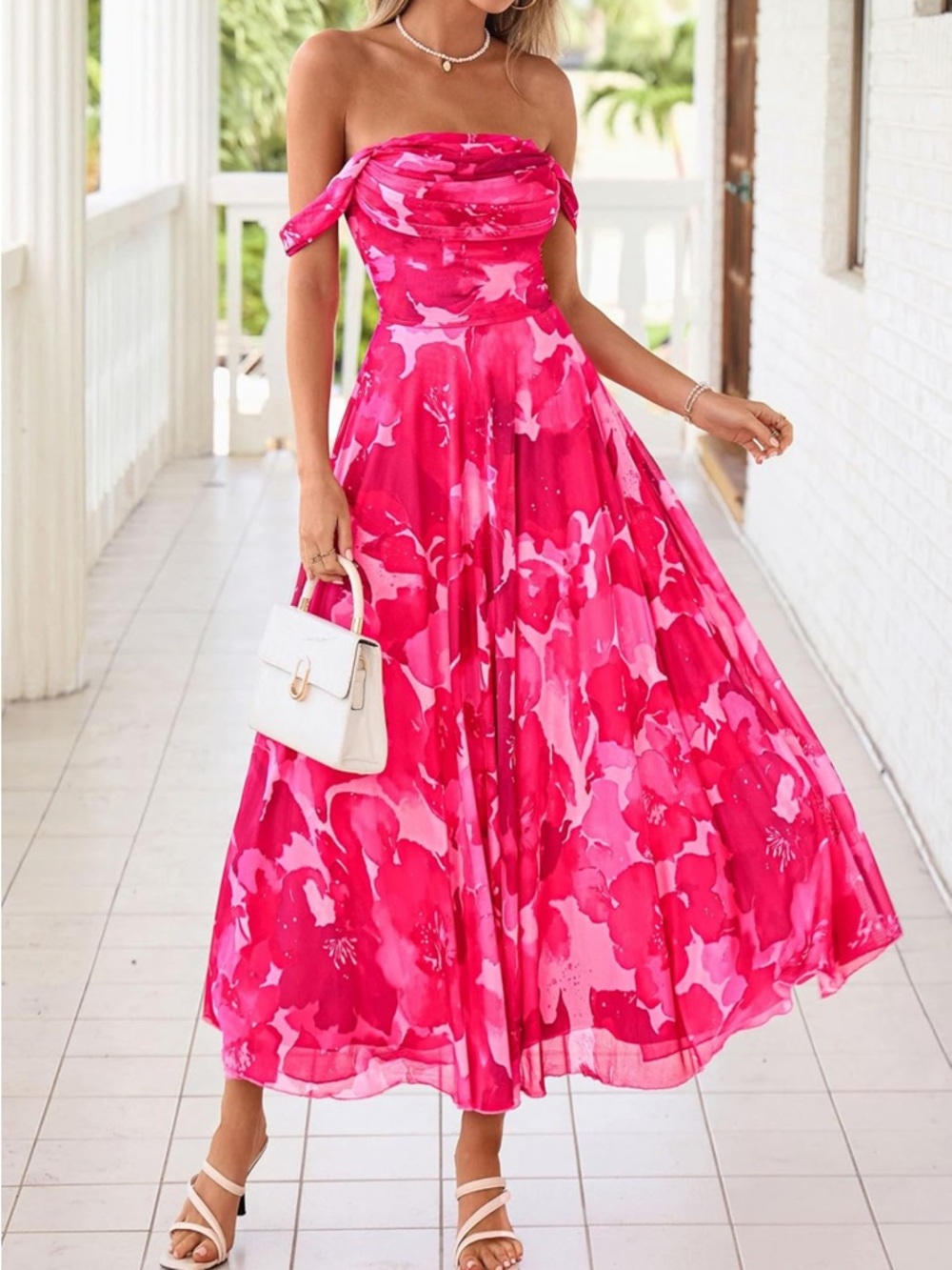 Off-Shoulder Fuchsia Floral Maxi Dress - Picture 5 of 9